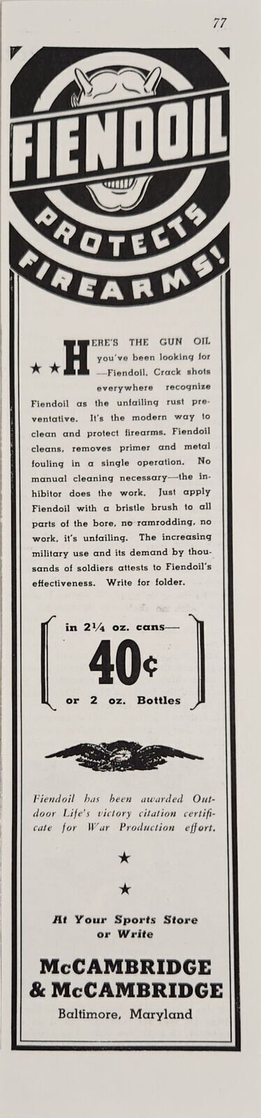 1942 Print Ad Fiendoil Gun Oil Protects Firearms McCambridge Baltimore,MD