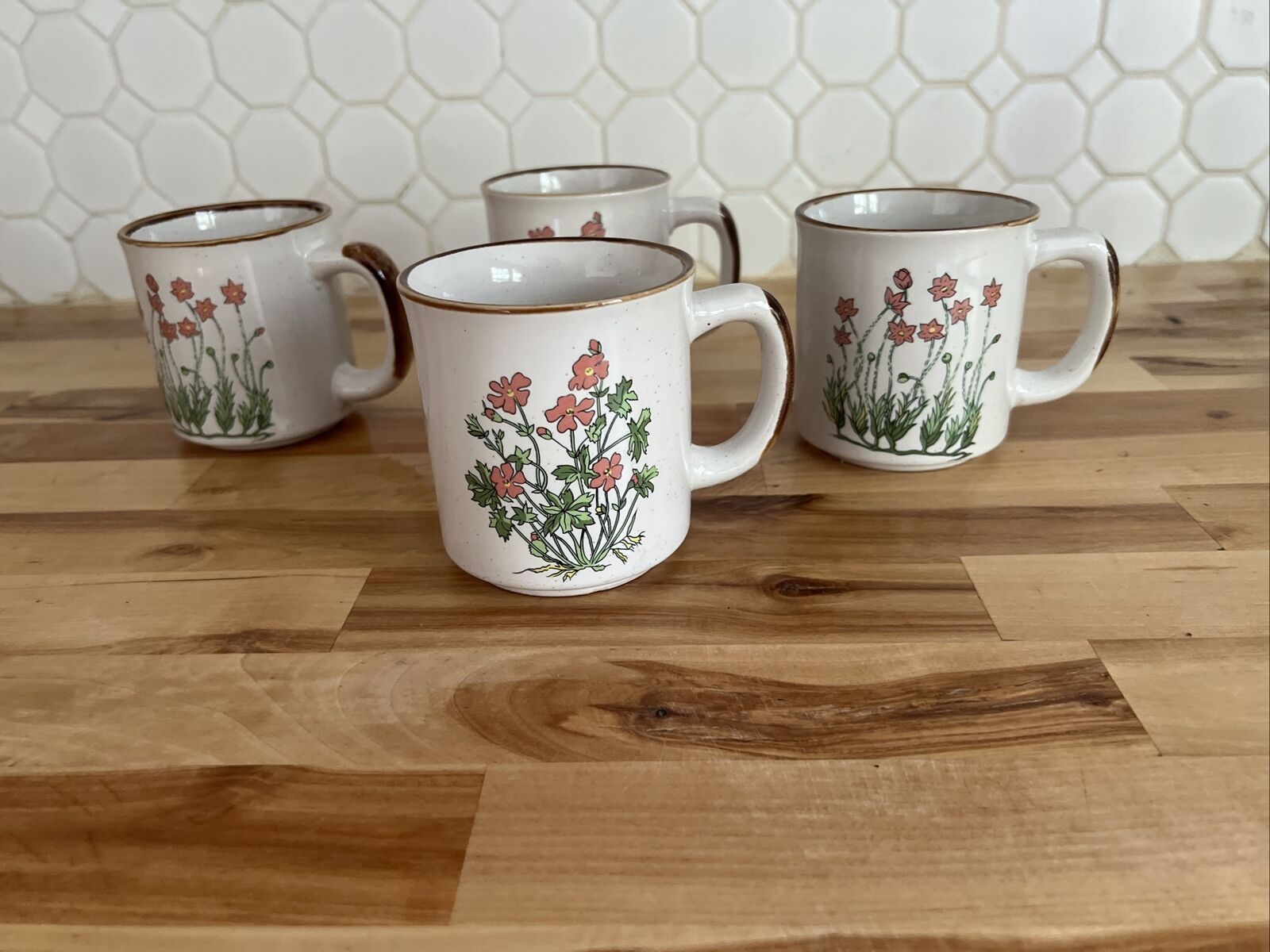 Set of  4 Vintage  Brown Speckled Pink Flowers Coffee Tea Cups Mugs Boho 70s