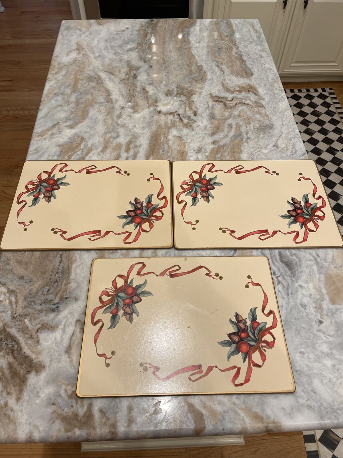 Tiffany & Co Garland Placemats (3) Gold Edging Red Ribbons 2 Good 1 Fair