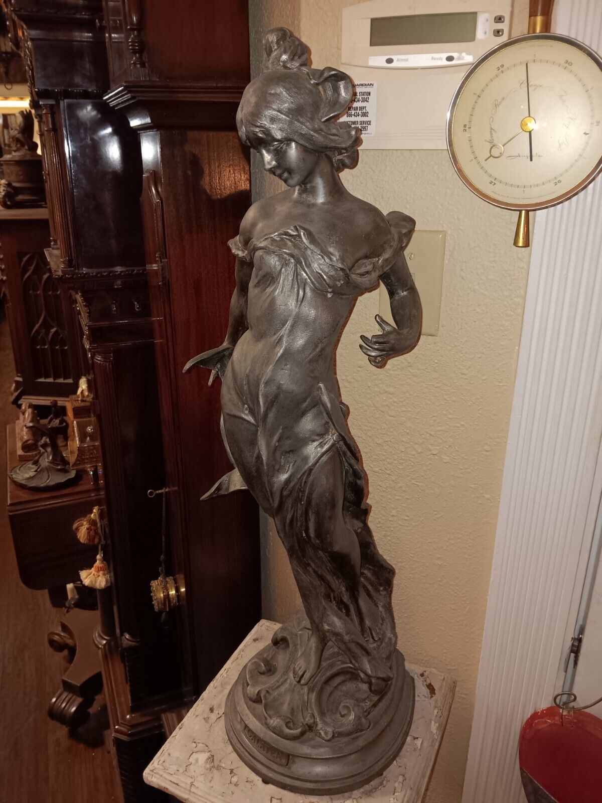 Antique French Sivered Bronze Maiden, Late Victorian Period/ Art Nouveau