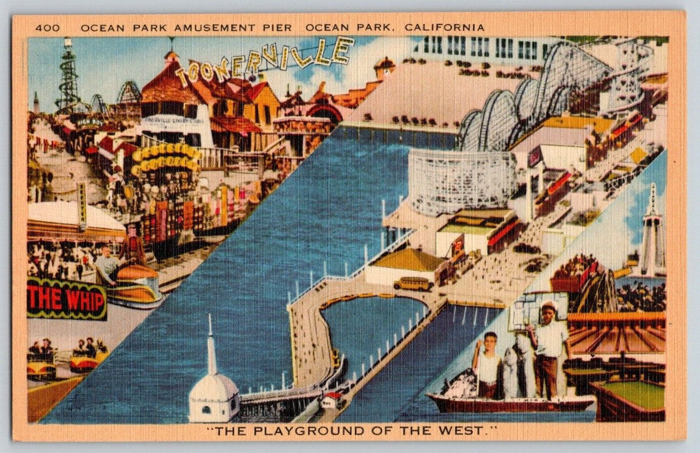 Linen Postcard~ Ocean Park Amusement Pier~ Ocean Park, Santa Monica, California