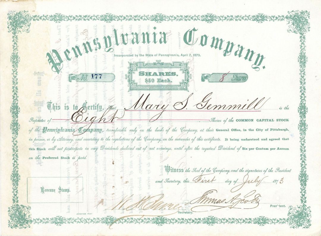 Thomas A. Scott autographed Pennsylvania Co. - Autographed Stock - Autographed S