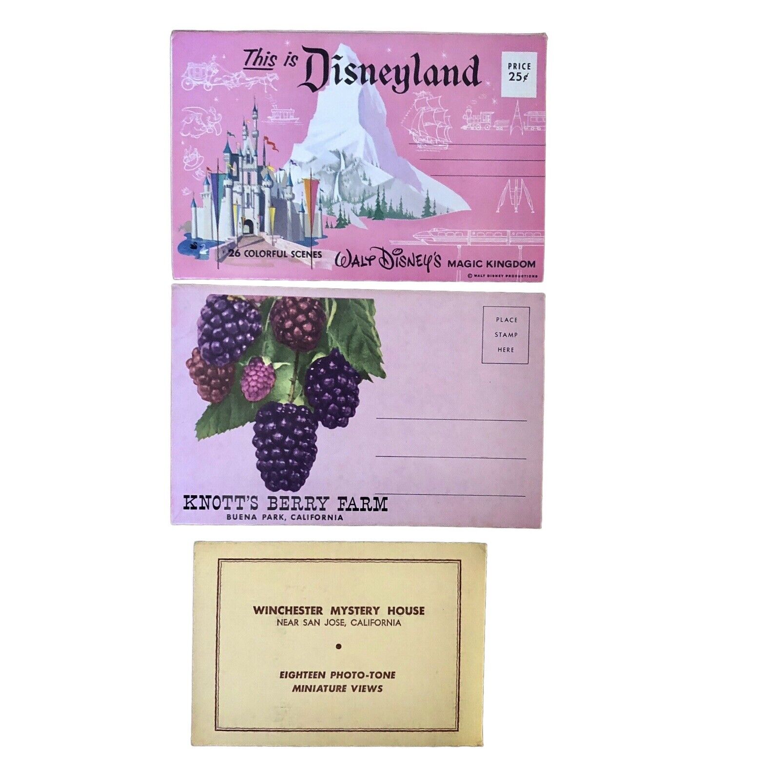 Disneyland Knotsberry Farm Vintage ￼Post Card Folders Winchester House ￼Mini Pic