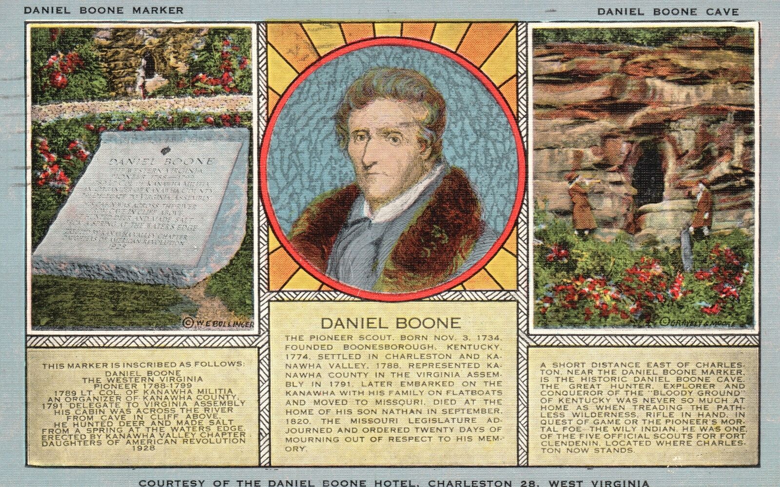 Vintage Postcard 1955 Daniel Boone Marker Daniel Boone Hotel Charleston West VA