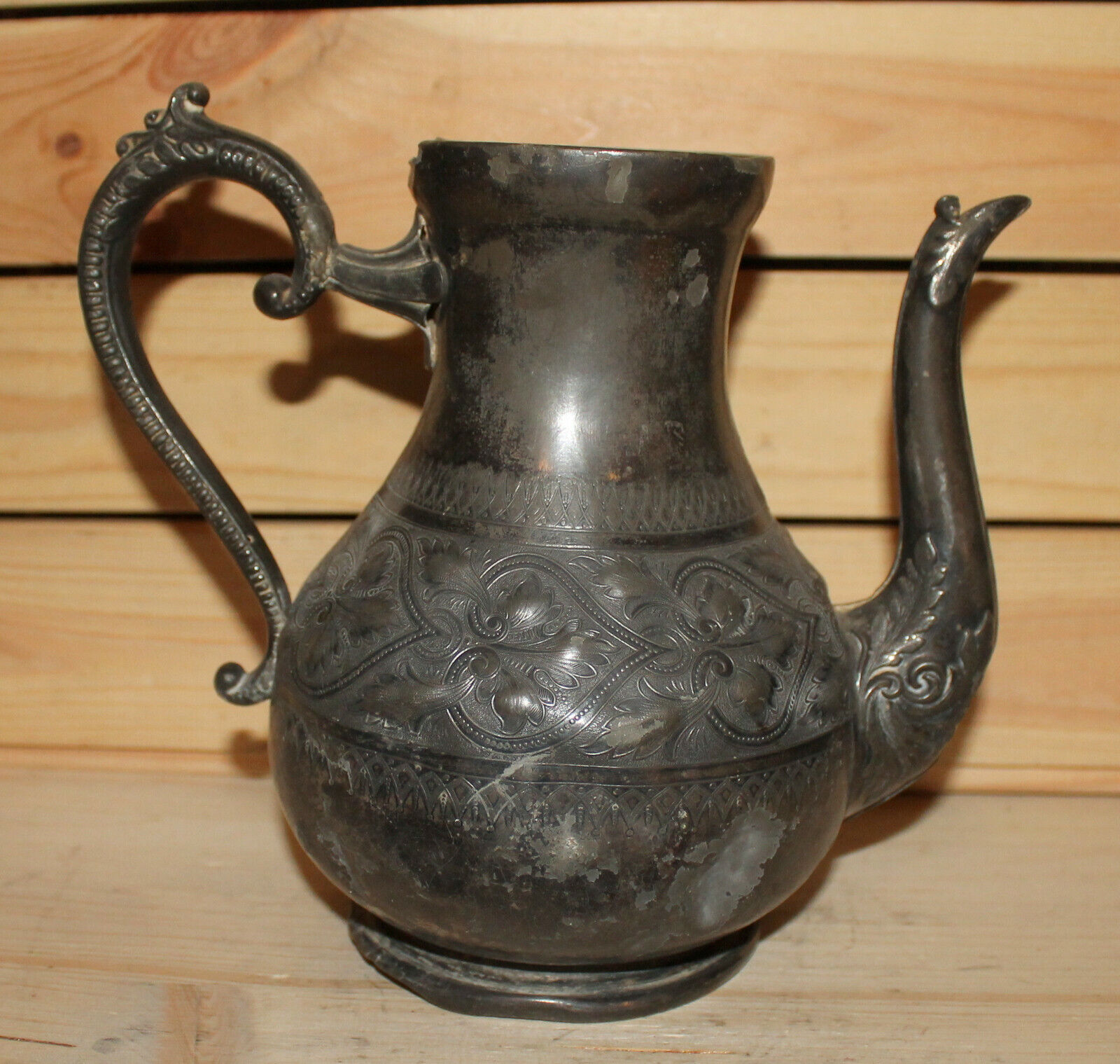 Antique 19c British hand made ornate floral pewter teapot jug