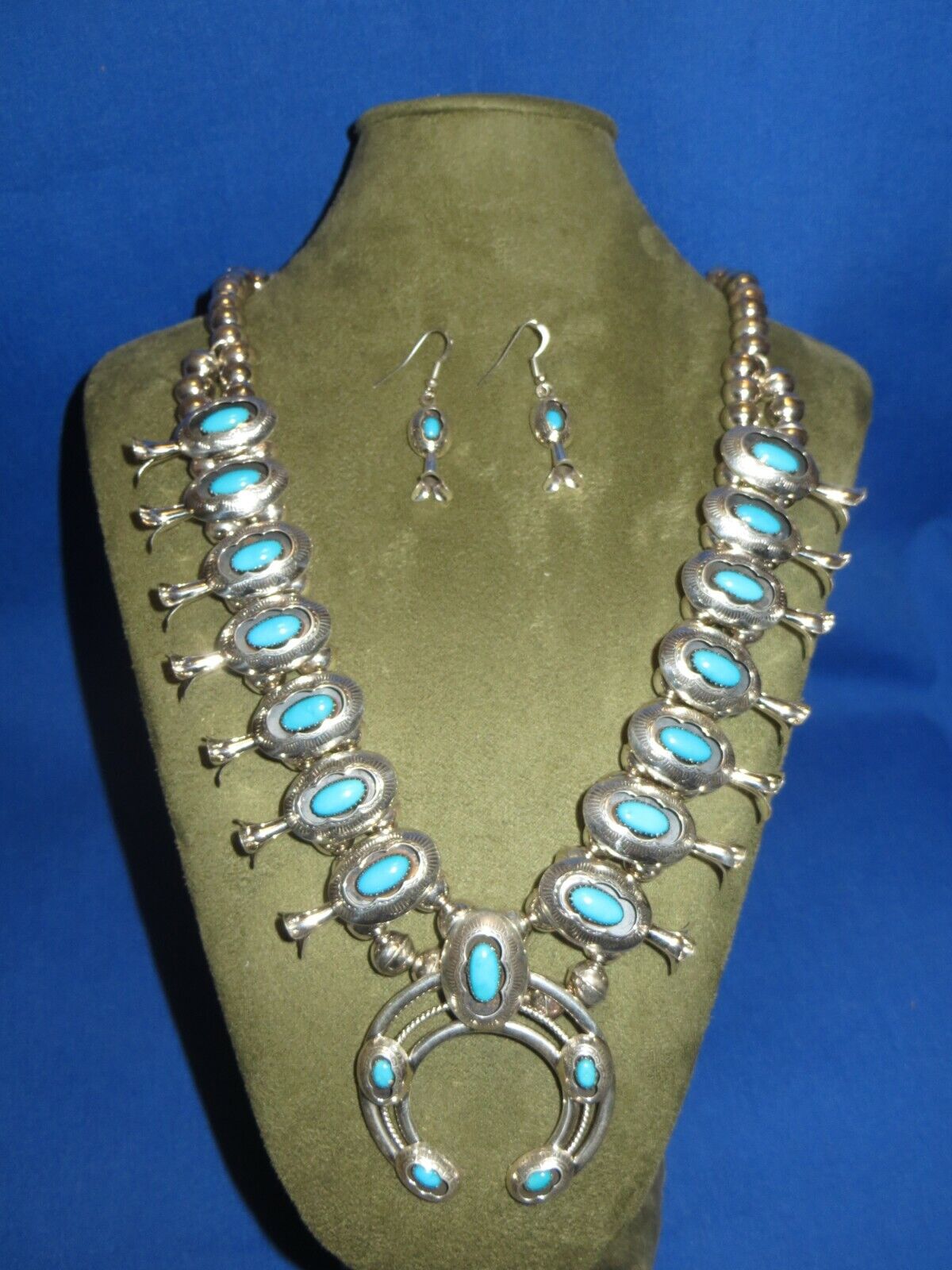 BEST NAVAJO SLEEPING BEAUTY TURQUOISE STERLING SQUASH BLOSSOM NECKLACE  EARRINGS