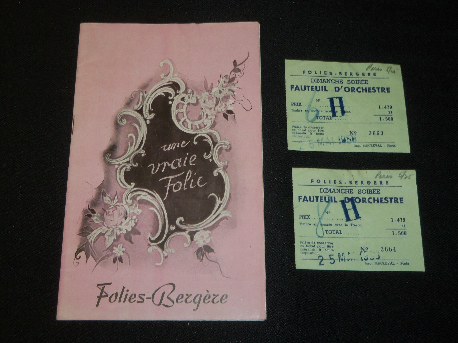 1958 MAY 25 FOLIES - BERGERE PROGRAM WITH TICKETS - PAUL DERVAL - J 5430