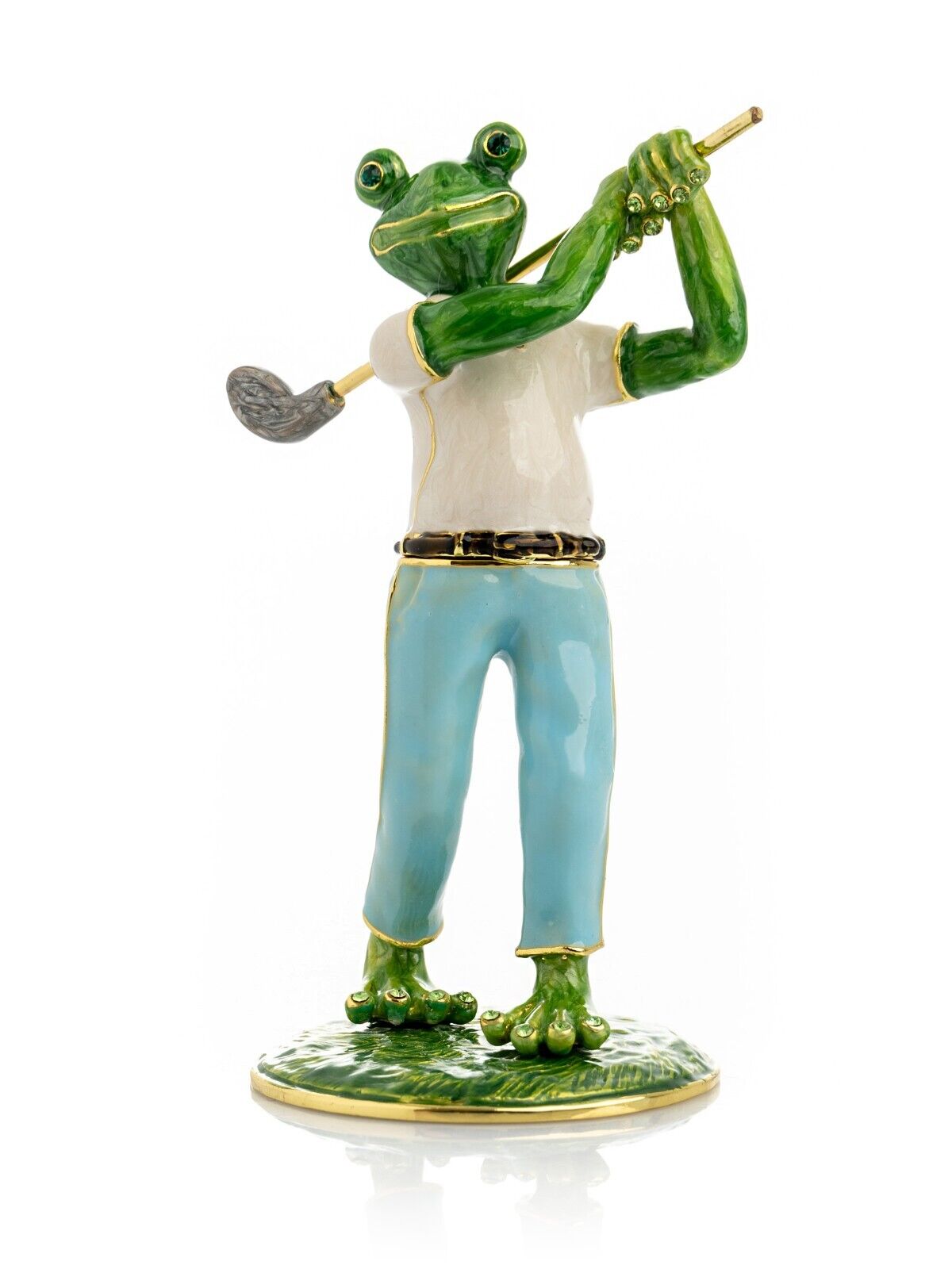 Keren Kopal Frog golf player Hand made Trinket Box Decorated &Austrian Crystals