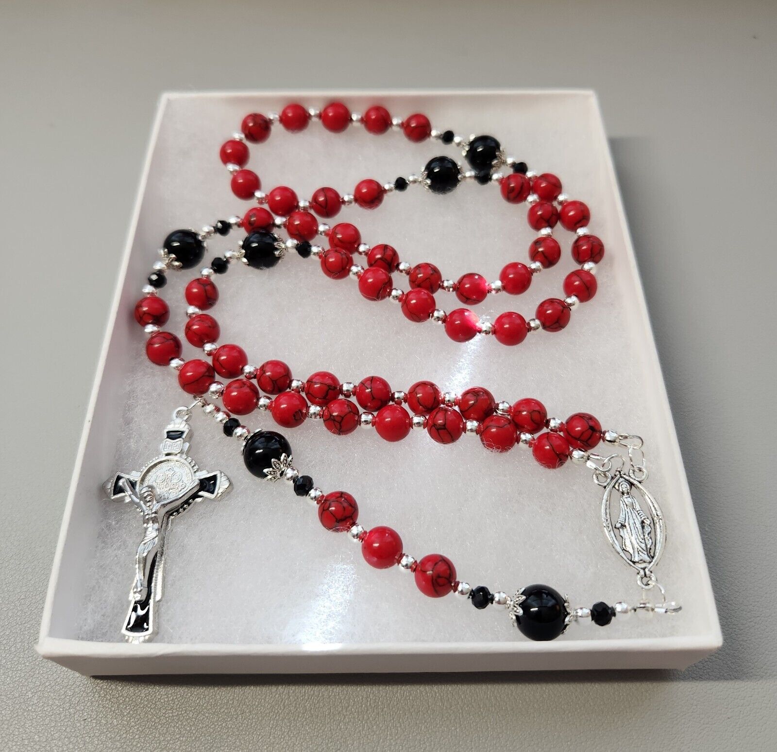 Large One Of A Kind Hand Crafted Rosary Made With Red Turquoise And Onyx