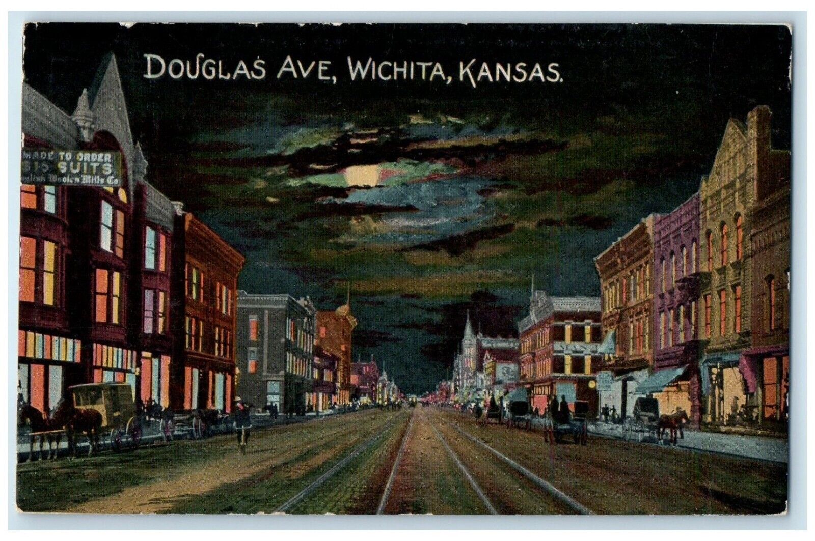 1908 Douglas Ave. Night Moon Exterior Building Wichita Kansas Vintage Postcard