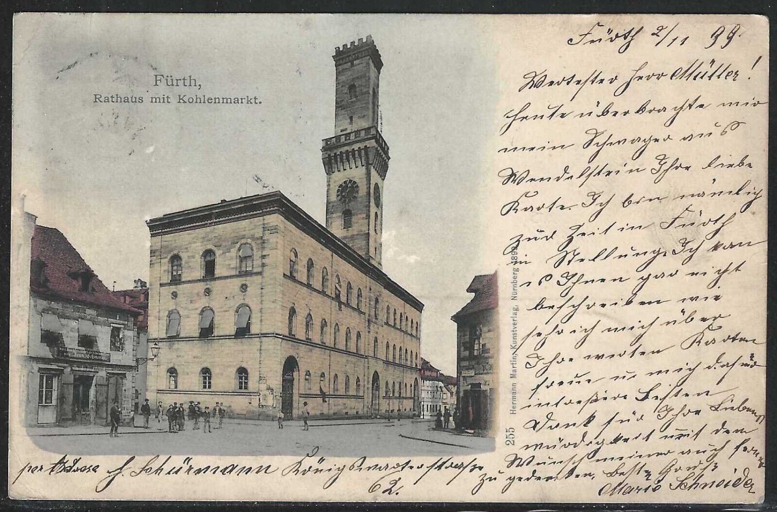 Town Hall and Coal Market, Furth, Bavaria, 1899 Hand Colored Postcard, Used