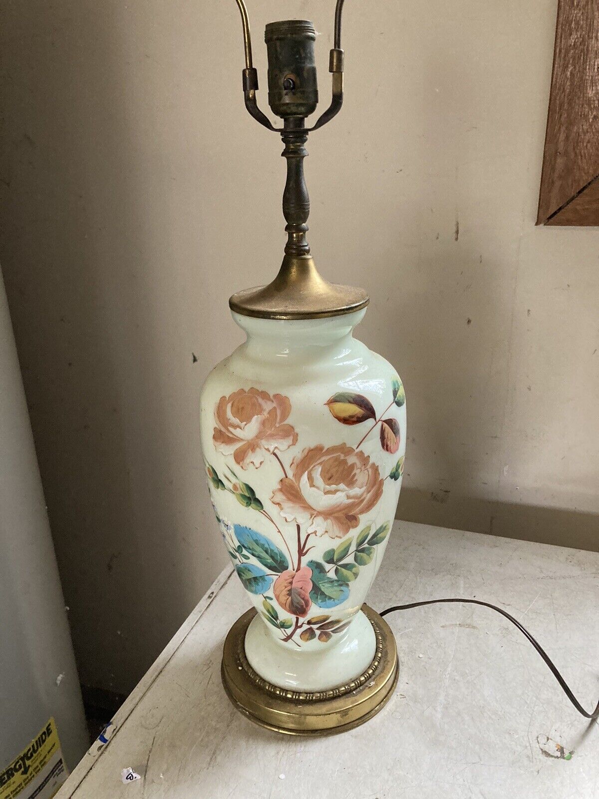 Antq 1880\'s Hand Painted Custard Enamel Bristol Glass Vase Lamp Electrified