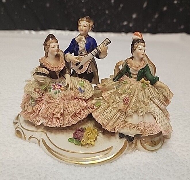 Victorian Dresden Lace Ladies Serenading Bard Germany Capodimonye Porcelain