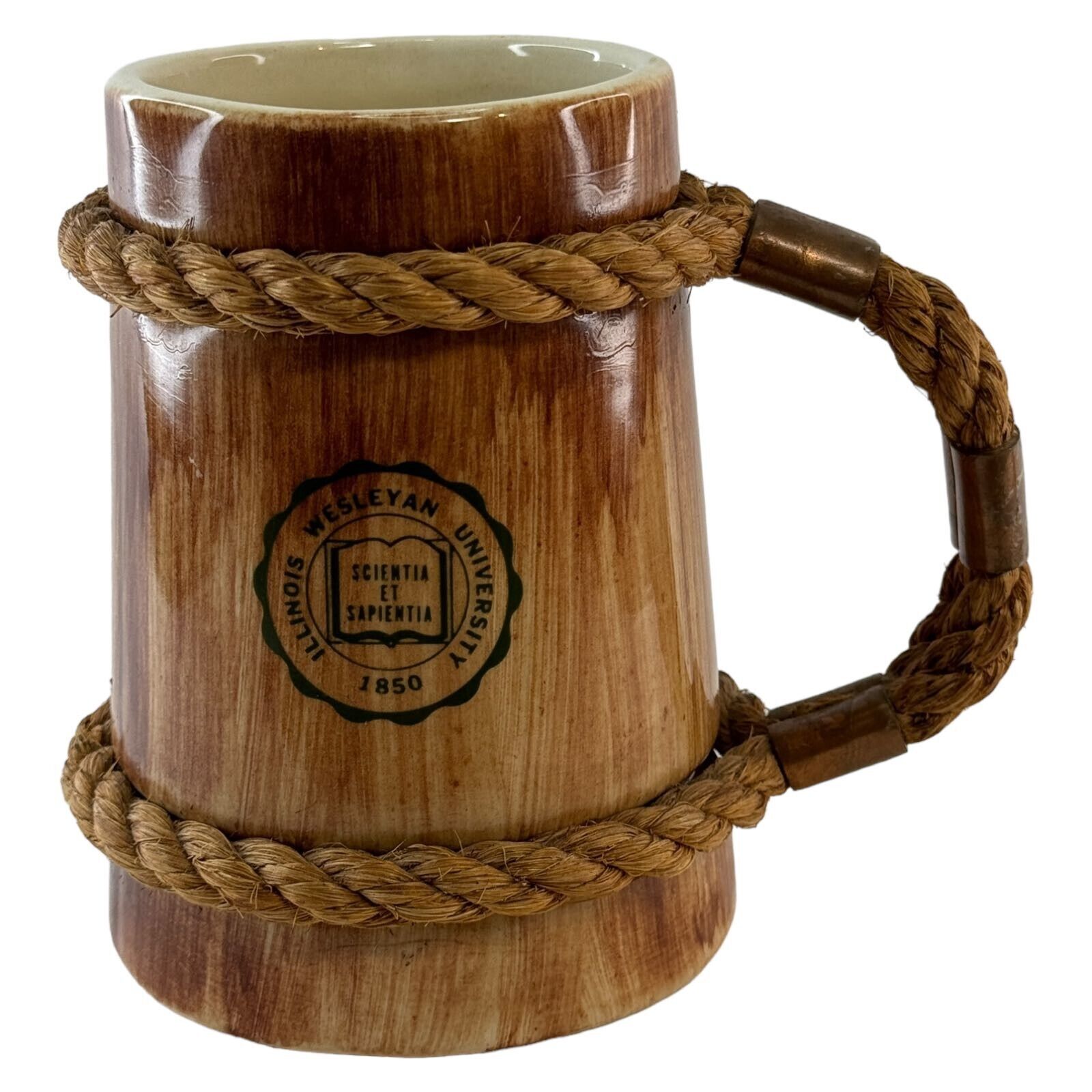 Vintage Illinois Wesleyan University 1850 Mug Brown Round With Rope Handle