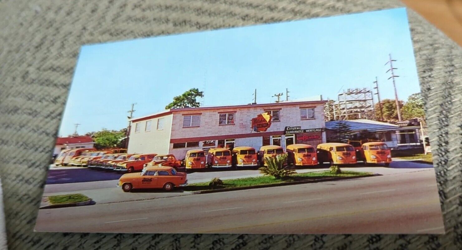 1960 FL Fleet of Volkswagen VW Bus Fleet @ DICK MITCHELL ELECTRIC postcard A53