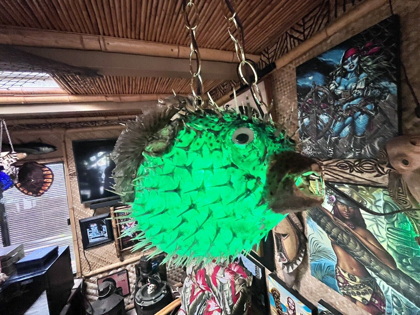 15”-16” Puffer Fish Lamp w/Green LED Bulb Tiki bar Smokin Tikis