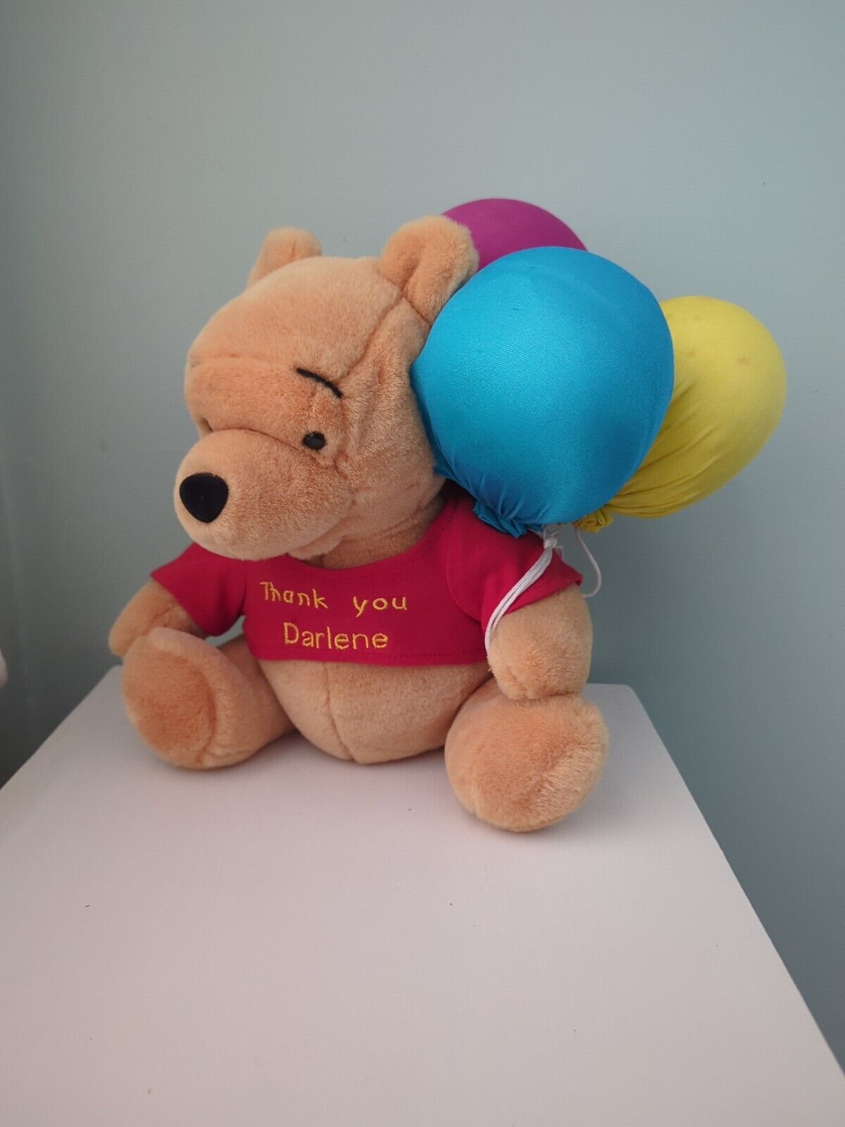 Vintage Winnie The Pooh Collectible Thank You Darlene Holding Balloons Plush