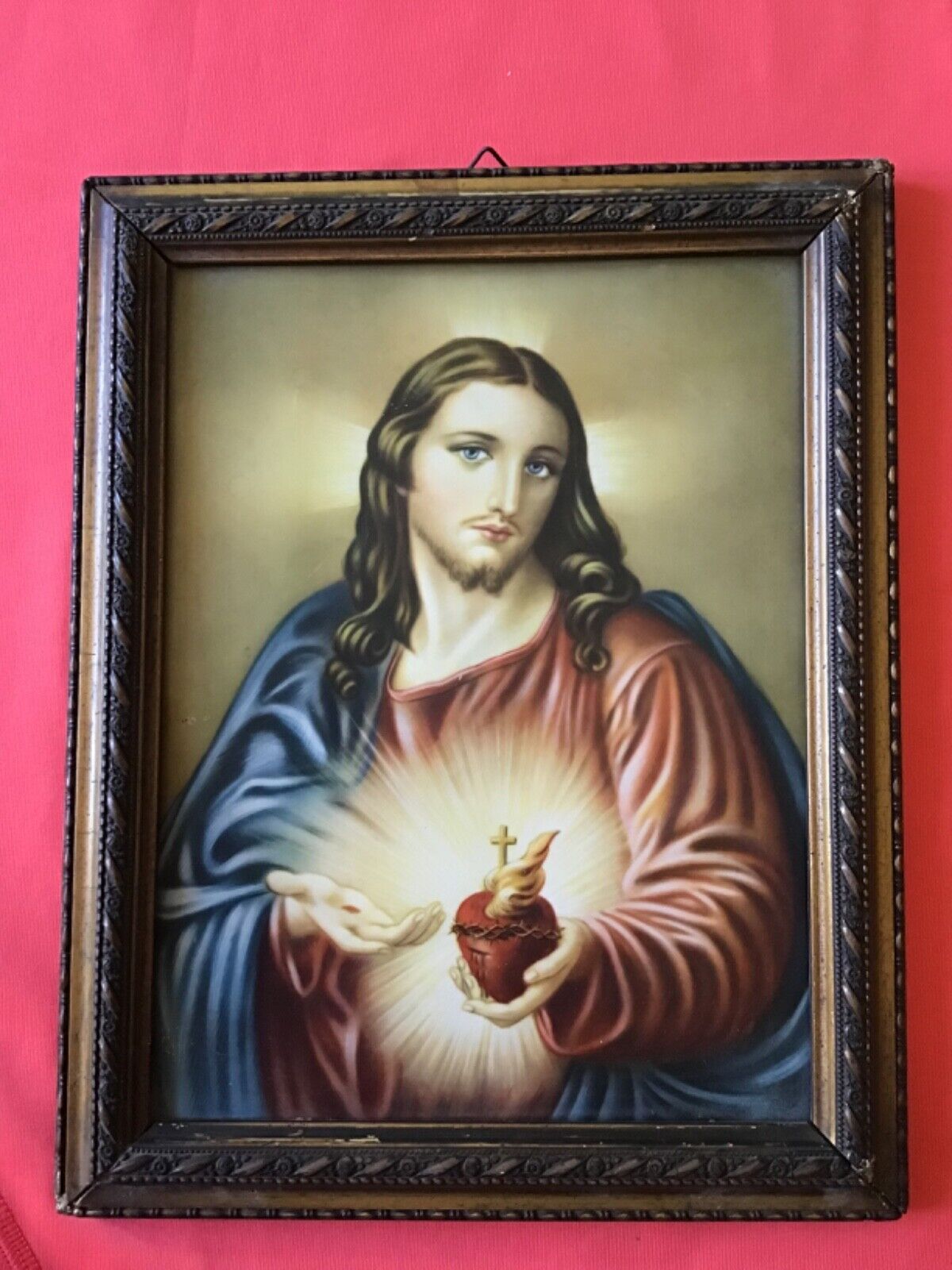 Antique  Sacred Heart of Jesus picture with wood frame 1920th very special