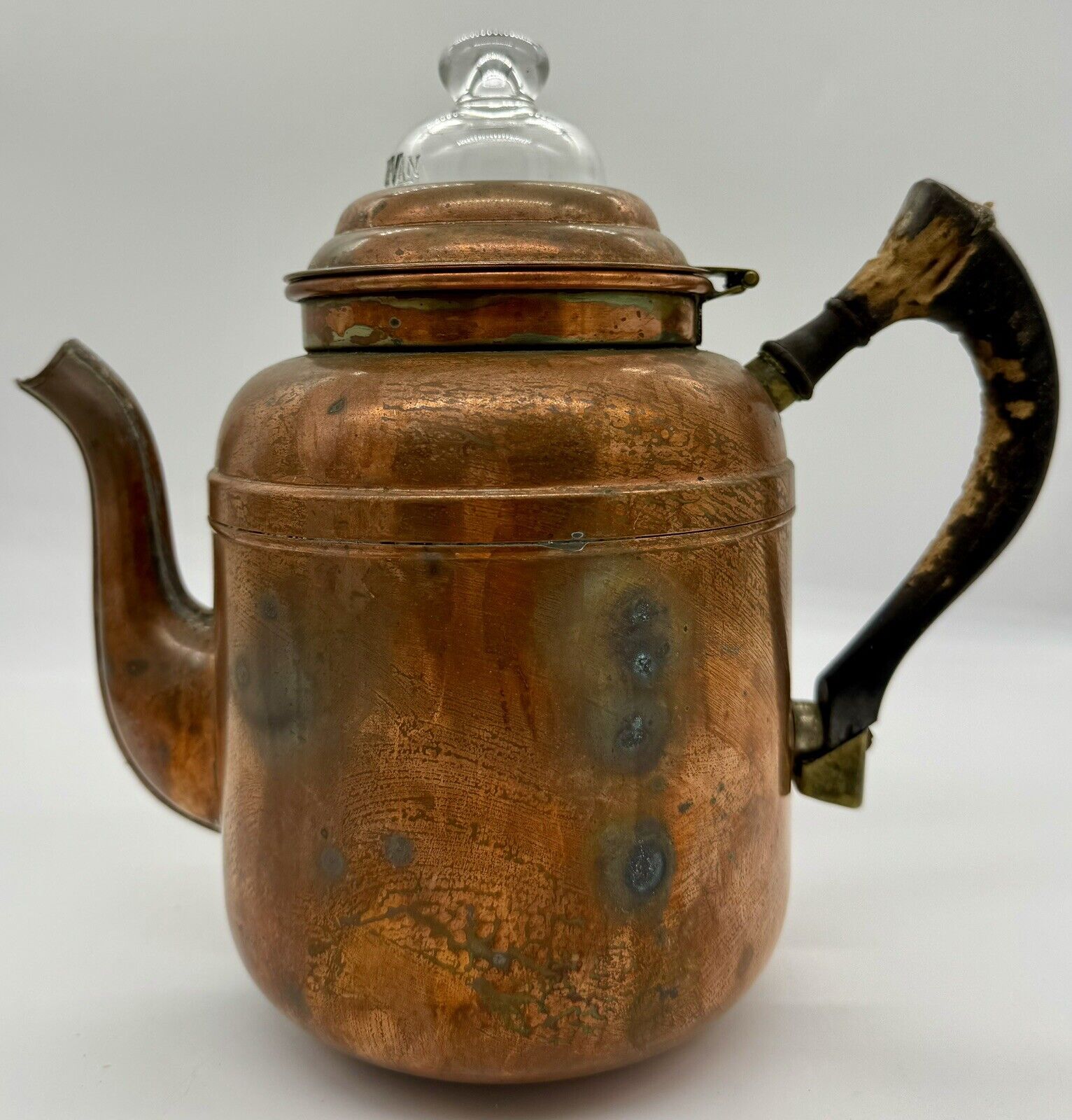 Very RARE Turkey Made KAR-A-VAN Copper Coffee Pot Wood Handle, Basket &Glass Lid