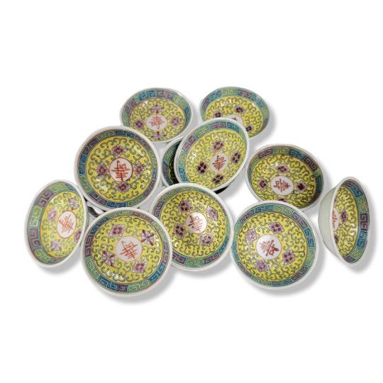 Chinese Mun Shou Famille Rose Jingdezhen Yellow Sauce Bowls  Set of (12) 2.625\
