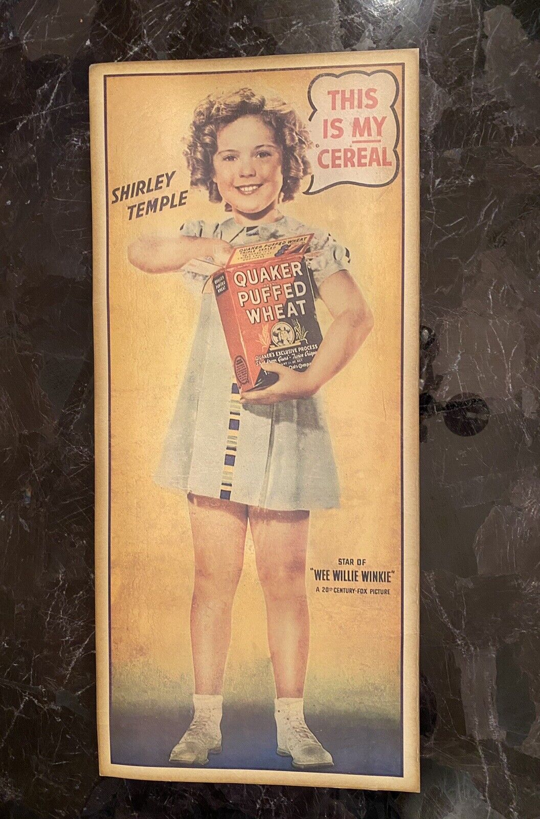 SHIRLEY TEMPLE “WEE WILLIE WINKLE”ADVERTISING POSTER QUAKER PUFFED WHEAT 1937 