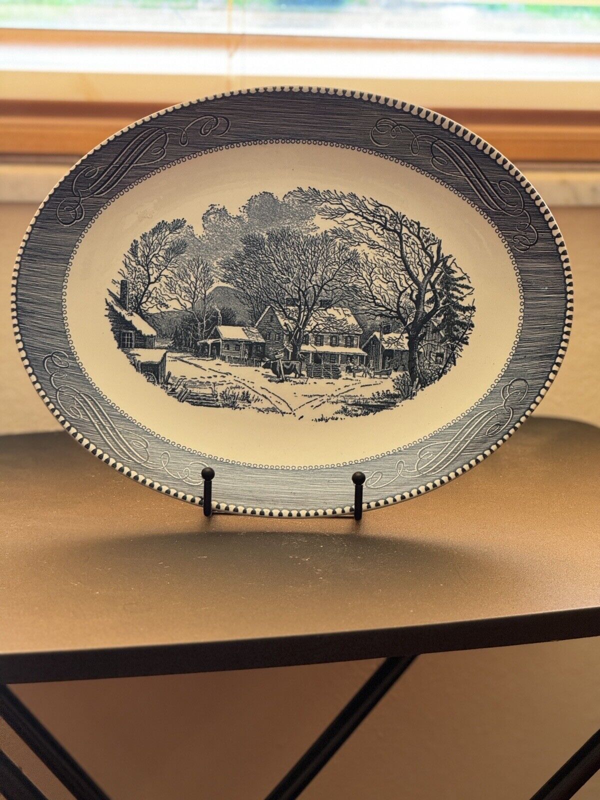 RARE Vintage Oval Platter Currier and Ives Blue and White Old Farmhouse.