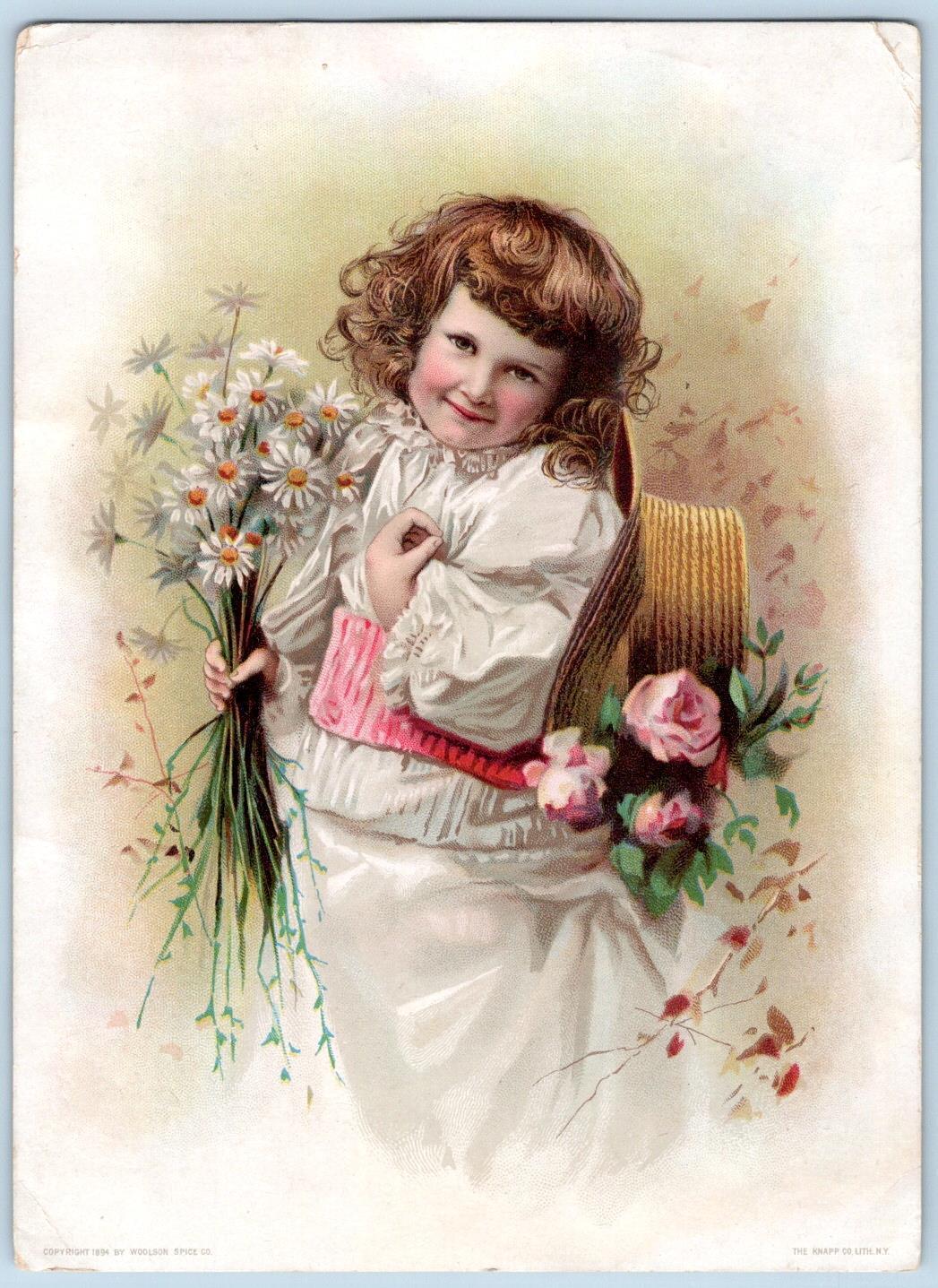 1894 LION COFFEE WOOLSON SPICE CO MIDSUMMER GREETING GIRL DAISIES TRADE CARD