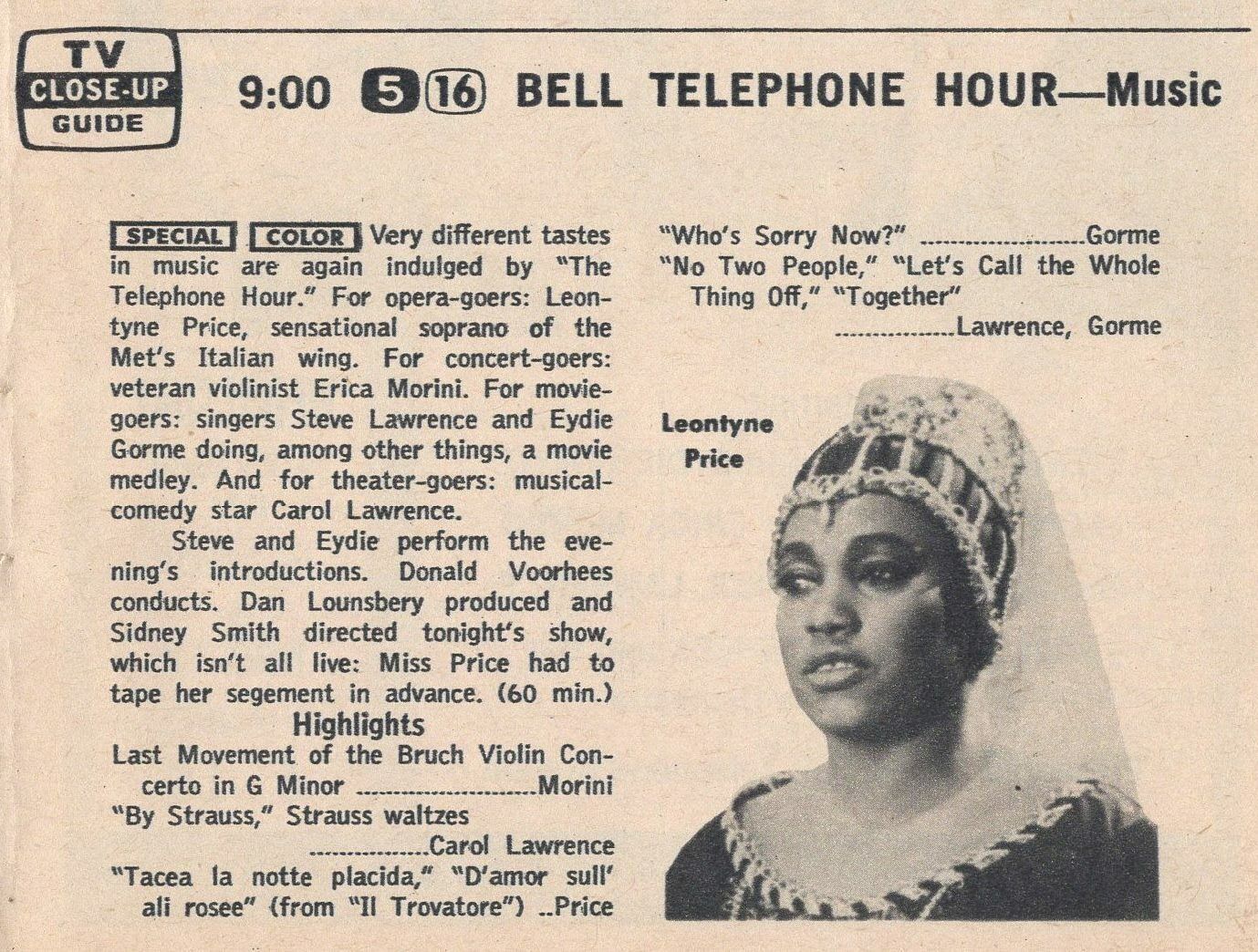 1963 TV AD~LEONTYNE PRICE SOPRANO BELL TELEPHONE HOUR  Erica Morini Violinist