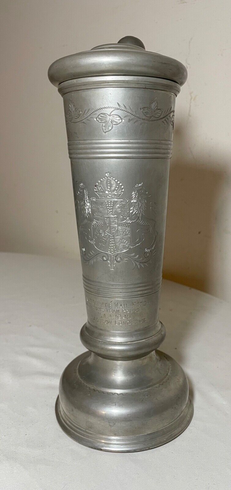 Vintage 45' Beer stein pewter archery longbow hand engraved award trophy pitcher