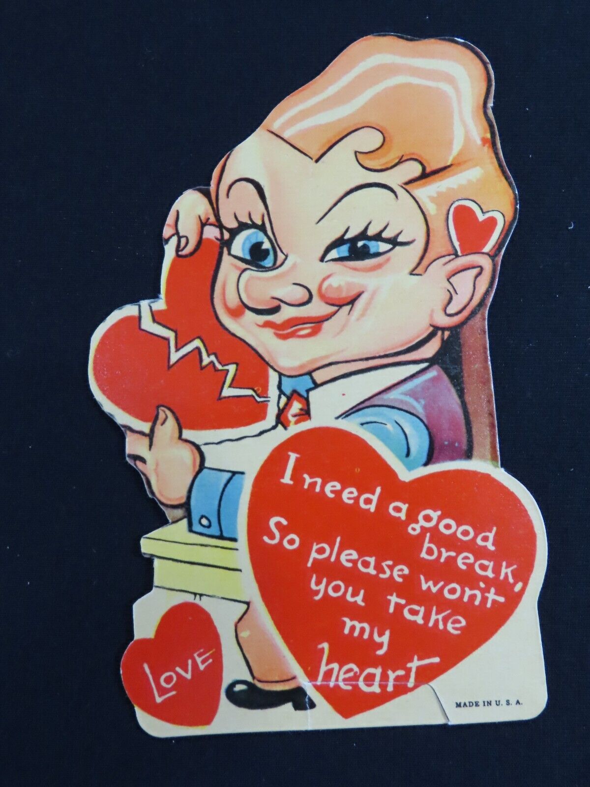 Vintage Valentine Day Card Die Cut  Man With Broken Heart 1930-50s Rare C1513