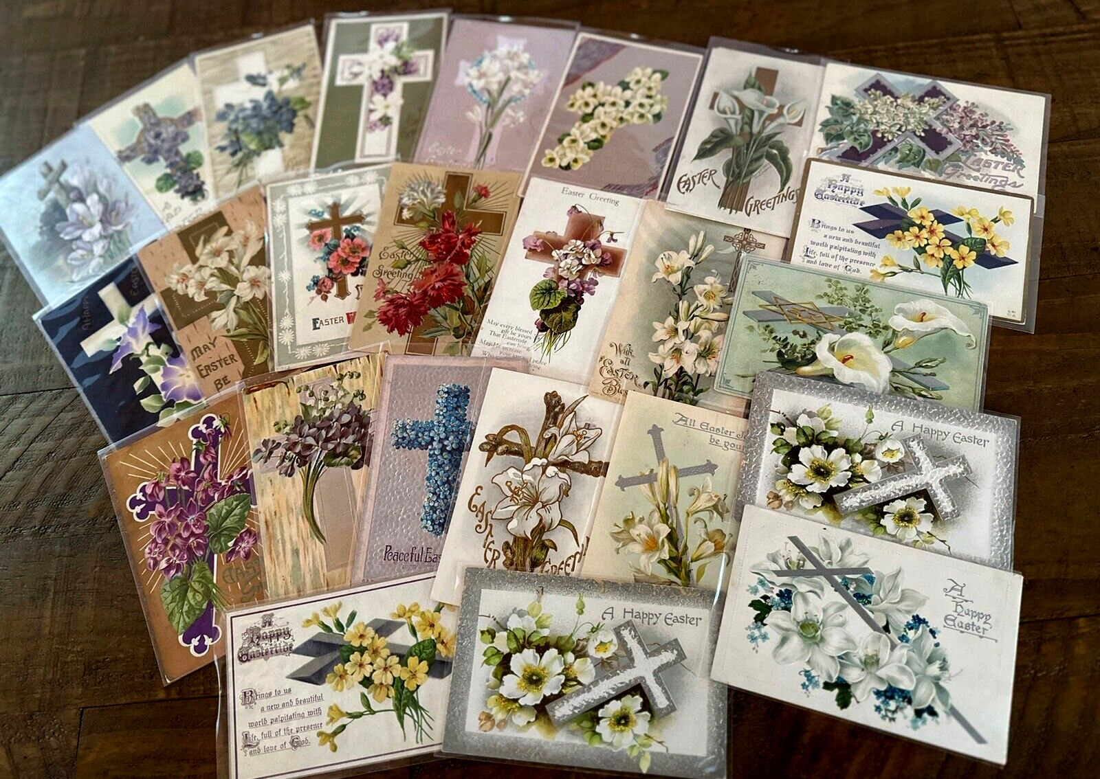 Lot of 25 Antique Easter Postcards- Crosses with Flowers~in Sleeves~h572