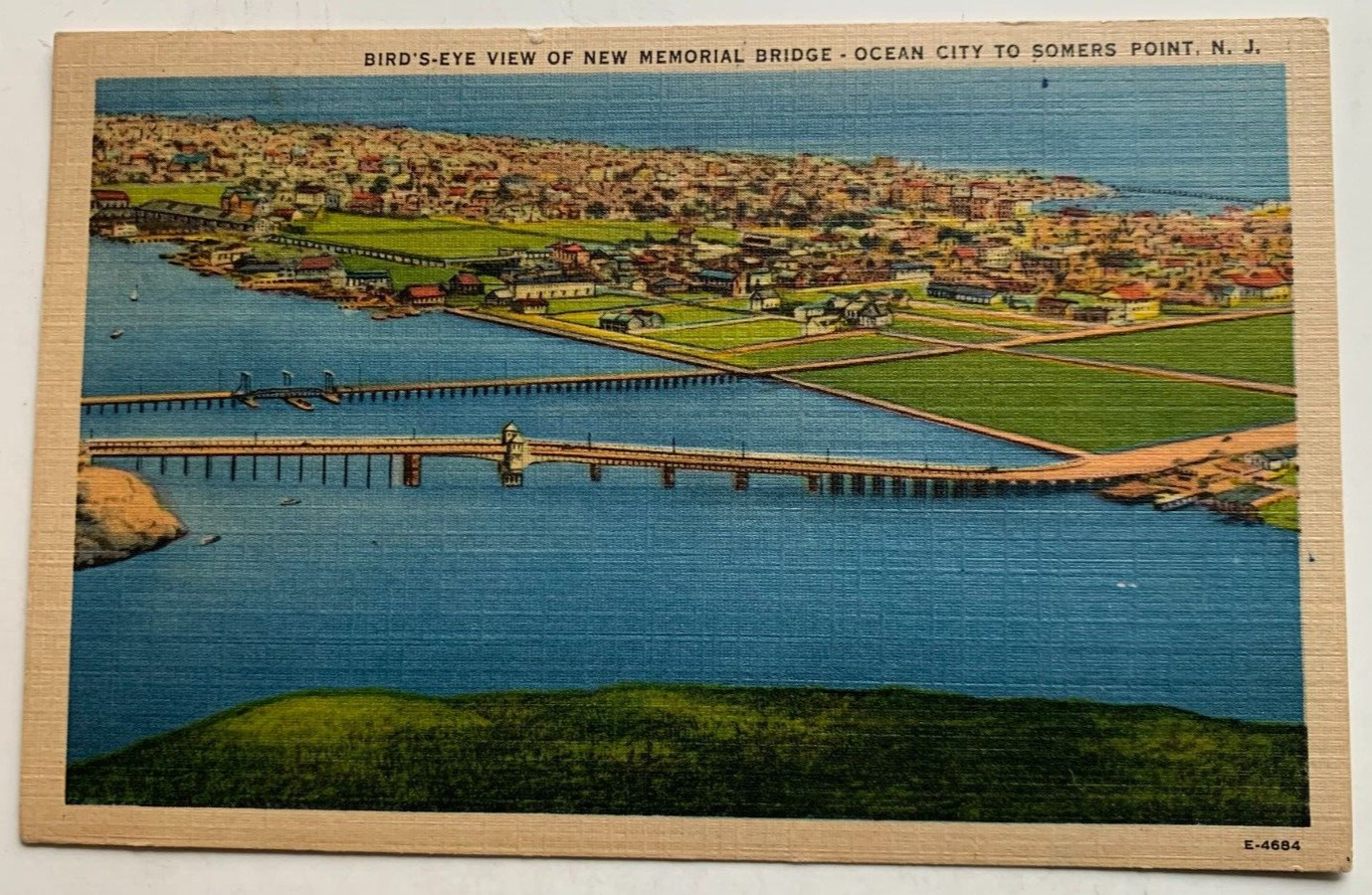 1947 NJ Postcard Ocean City Bird\'s Eye View Memorial Bridge Somers Point vintage
