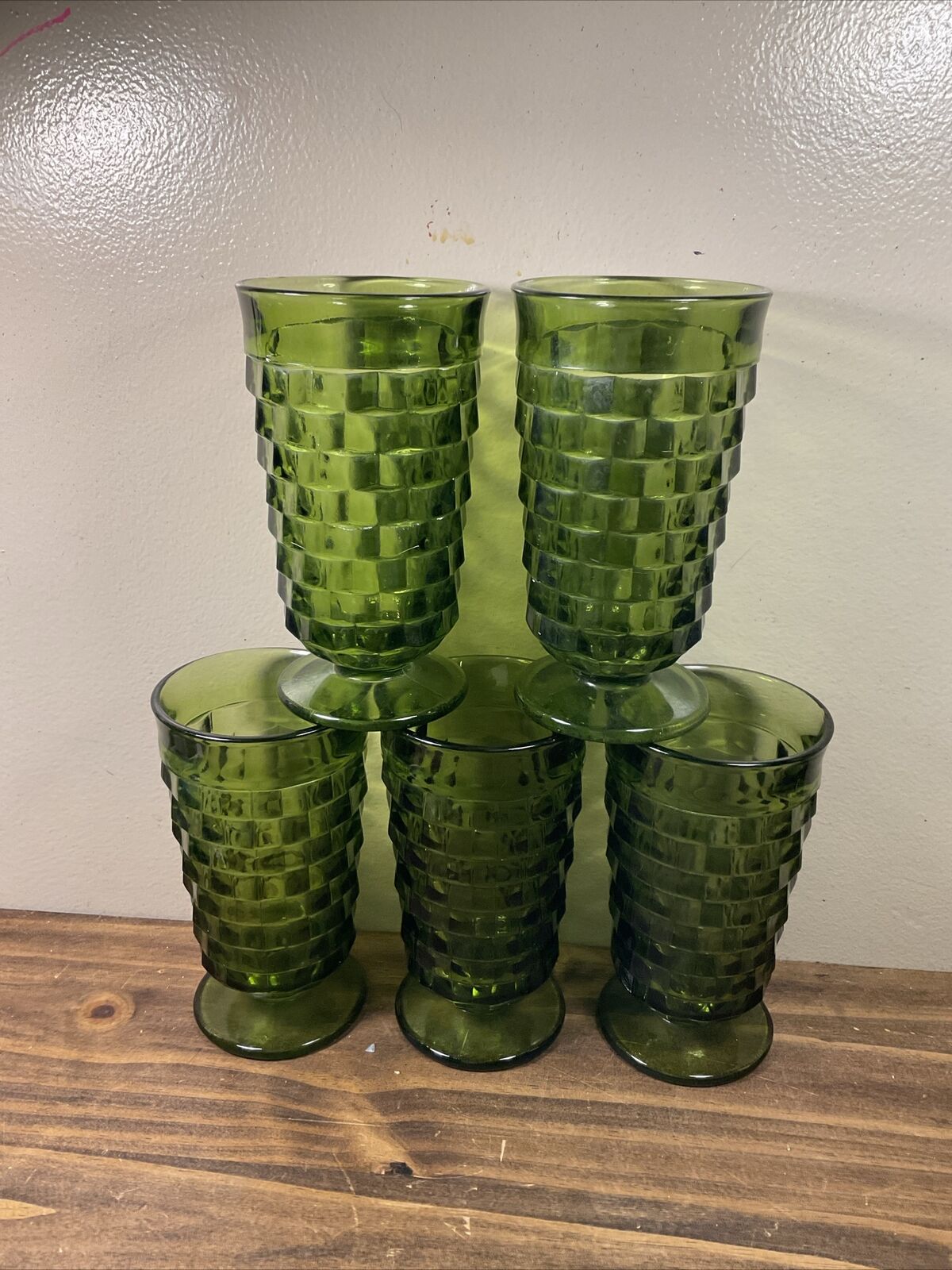 Indiana Glass Whitehall Green Cubist Footed Drinking Glasses 5 12 oz. Tumbler