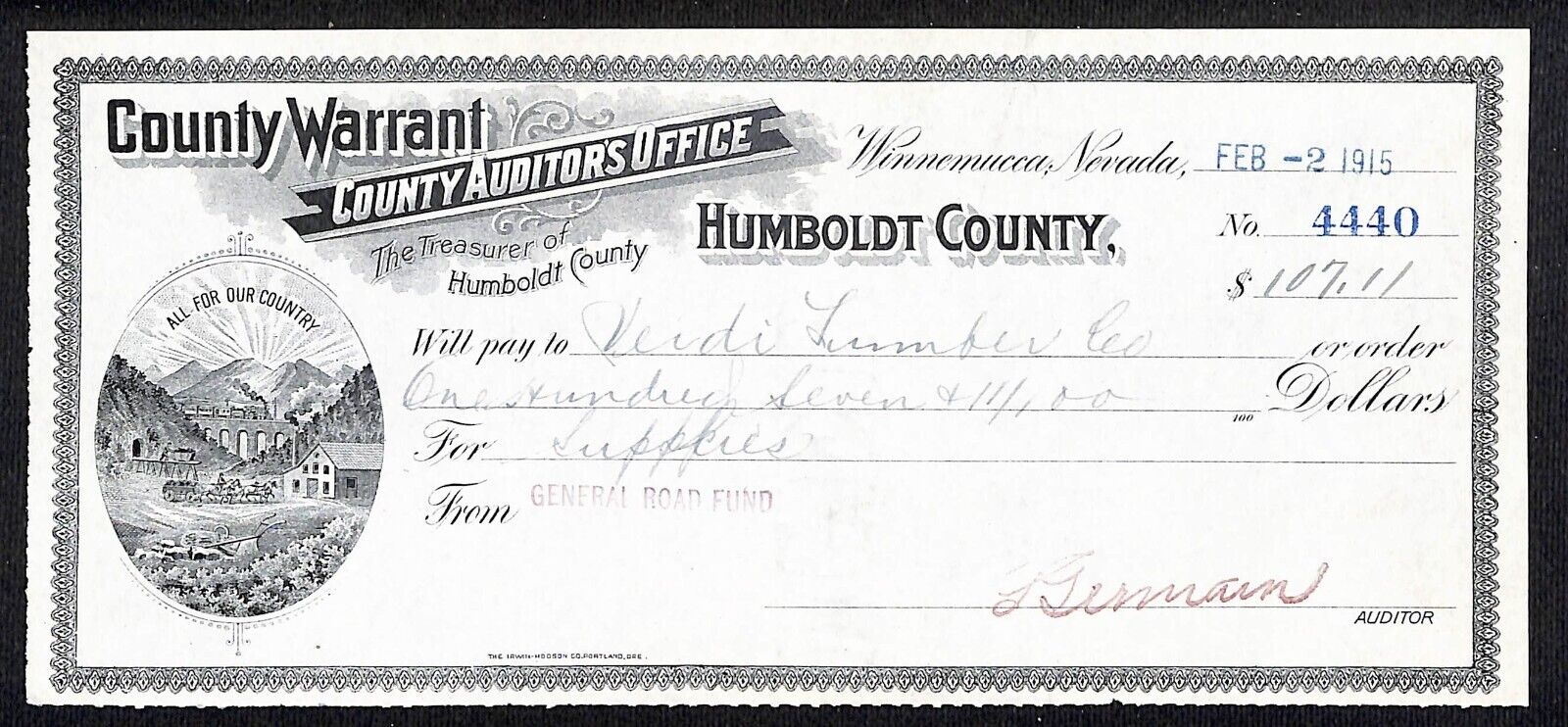 Winnemucca, NV Humboldt County Warrant Auditor\'s Office Bank Check 1915 Scarce 