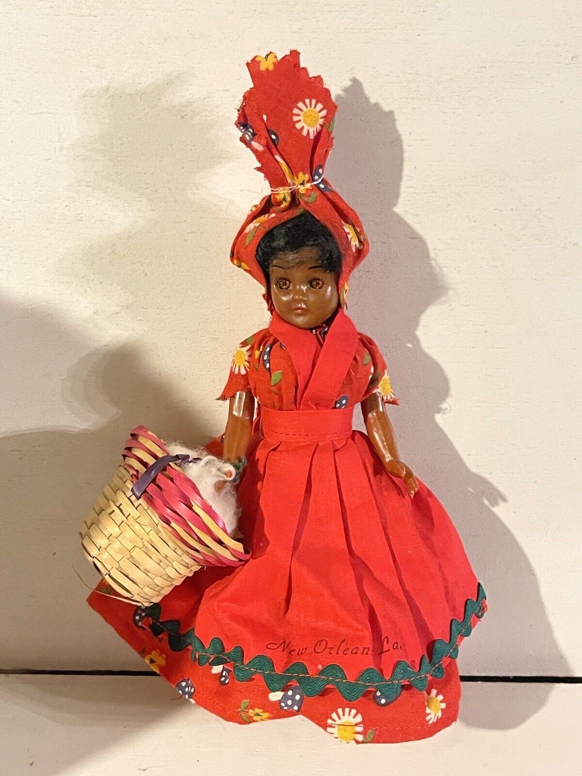 Vintage Creole Doll from New Orleans in Red Dress and Head Scarf with Basket 8”