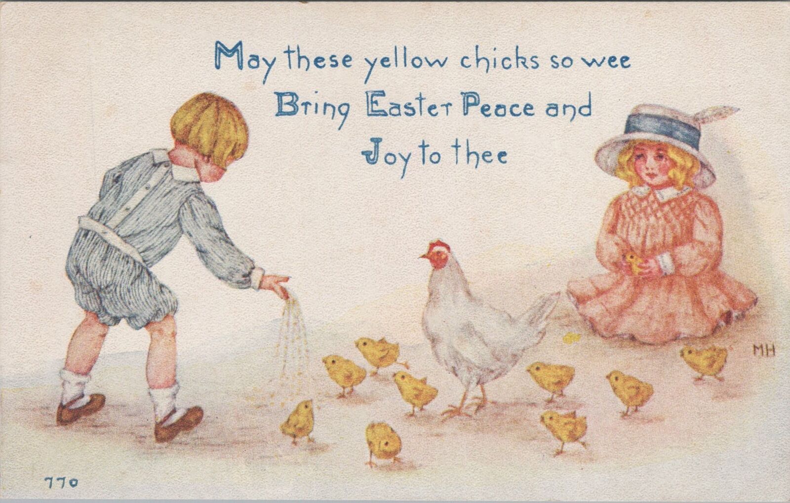 Postcard Easter Peace Little Chicks + Chicken + Children Feeding Them 