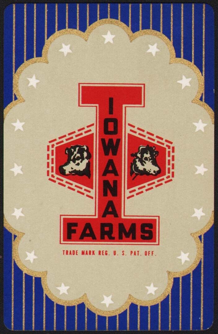 Vintage playing card IOWANA FARMS blue background cows pictured Davenport Iowa