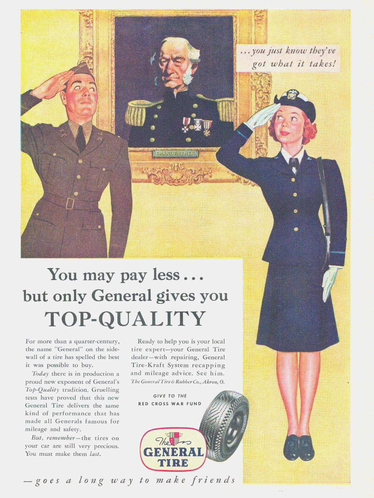 1944 GENERAL TIRE Red Cross War Fund Army Navy man woman soldier ART PRINT AD