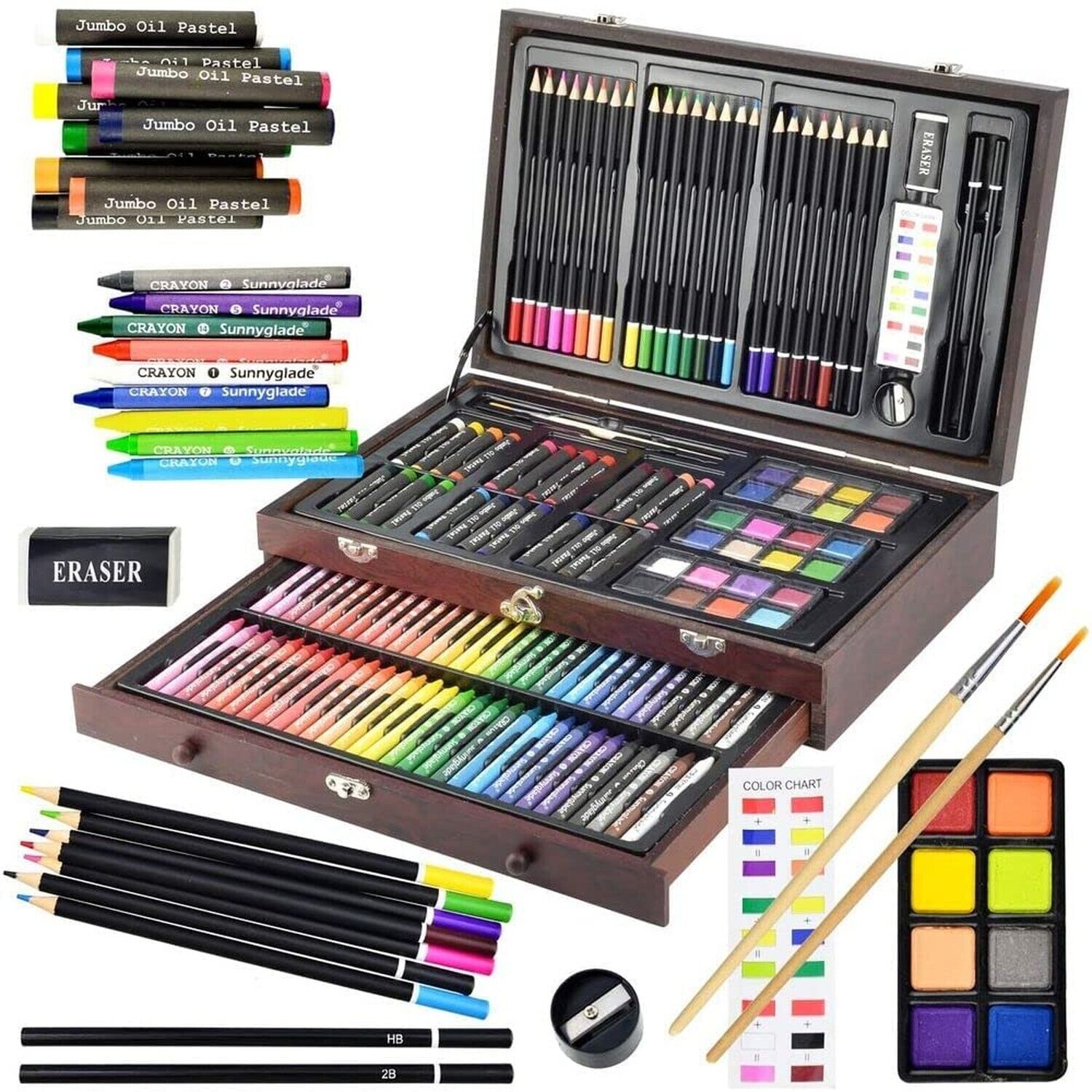 Sunnyglade 145 Piece Deluxe Art Set, Wooden Art Box & Drawing Kit with Crayon...