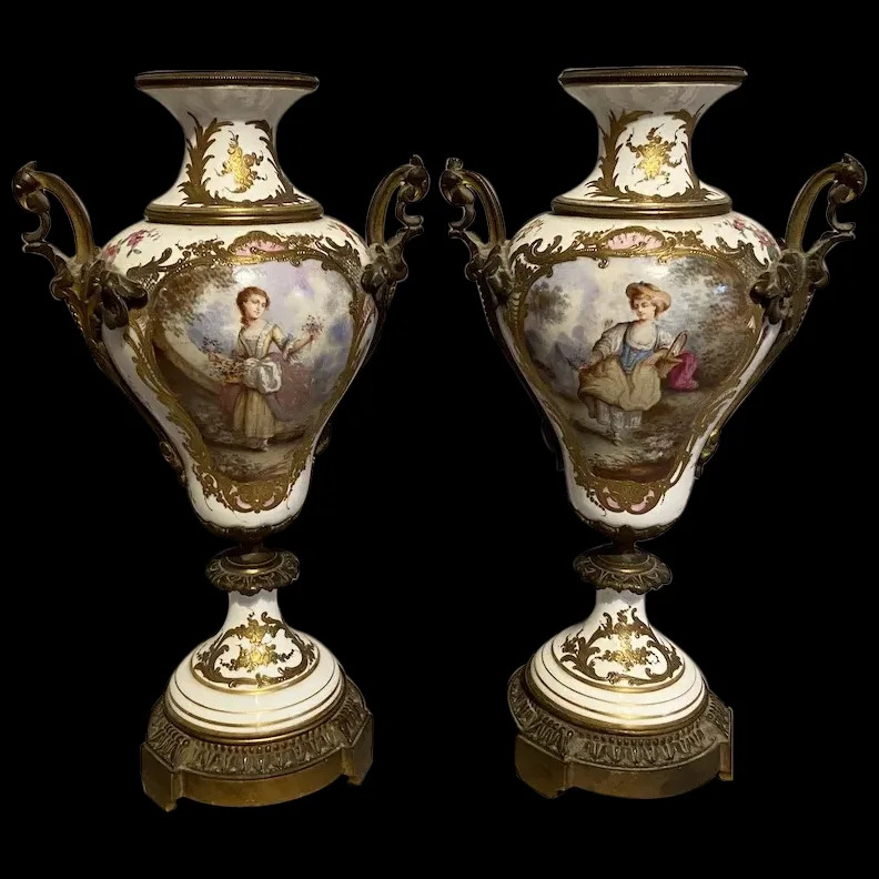 Louis XVI Sevre Porcelain Vases: 19th Century Pair in Porcelain & Bronze