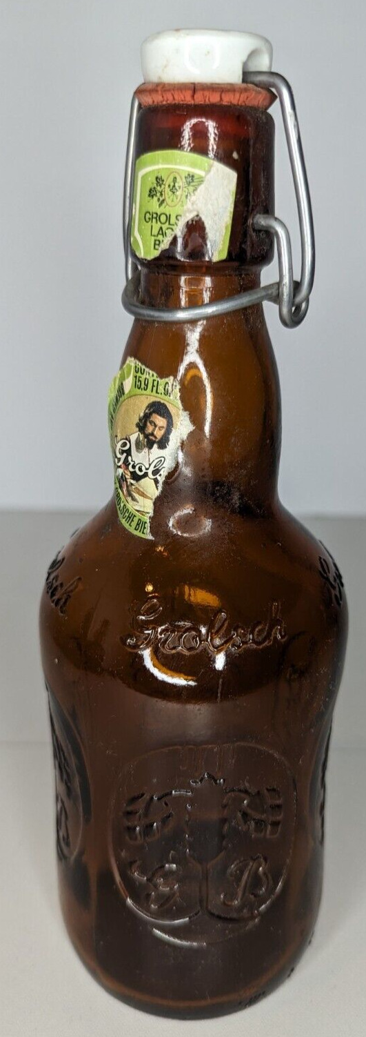 Old Vintage Grolsch Amber Brown Beer Bottle w Porcelain Swing Top Lid Barware