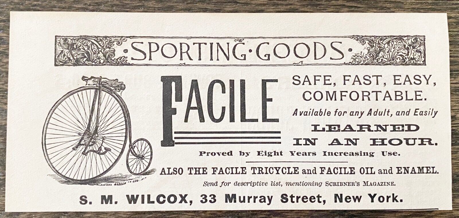 1887 Wilcox FACILE BICYCLE Vtg Print Ad~Antique High Wheel Penny-Farthing Cycle