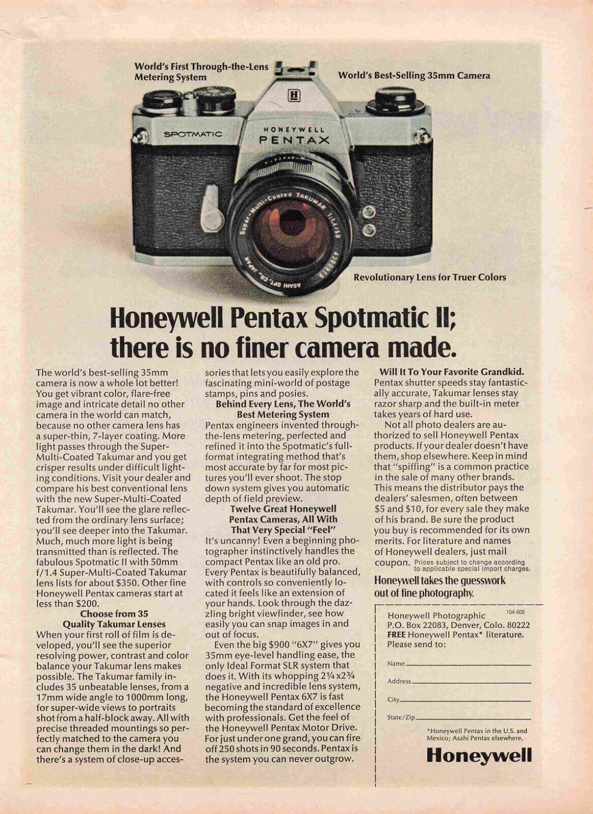 Honeywell Pentax Spotmatic Ii 35Mm Camera 1970\'S Print Advertisement