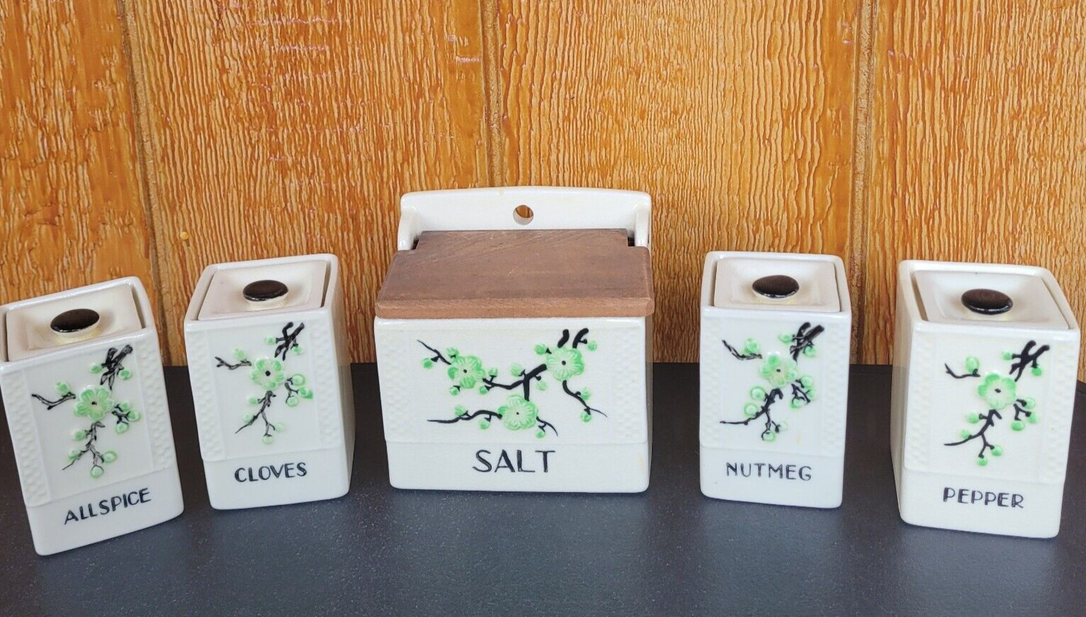 Vintage Moriyama Spice Set Salt Cellar Cloves Nutmeg Pepper Allspice Containers