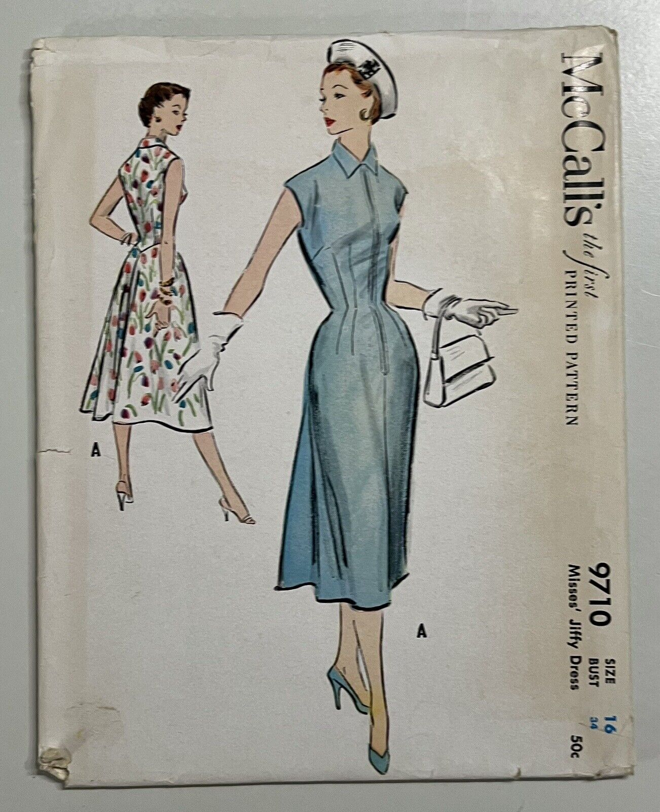 1950s Vintage McCall's 9710 Jiffy Dress Sewing Pattern Size 16 Bust 34