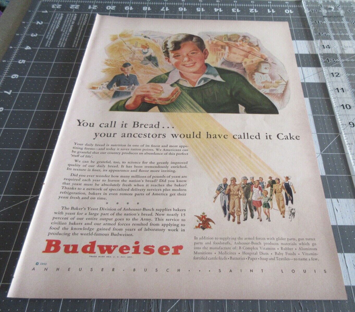 1943 Budweiser Beer Bread Cake Boy Sandwich WWII Era Print Ad