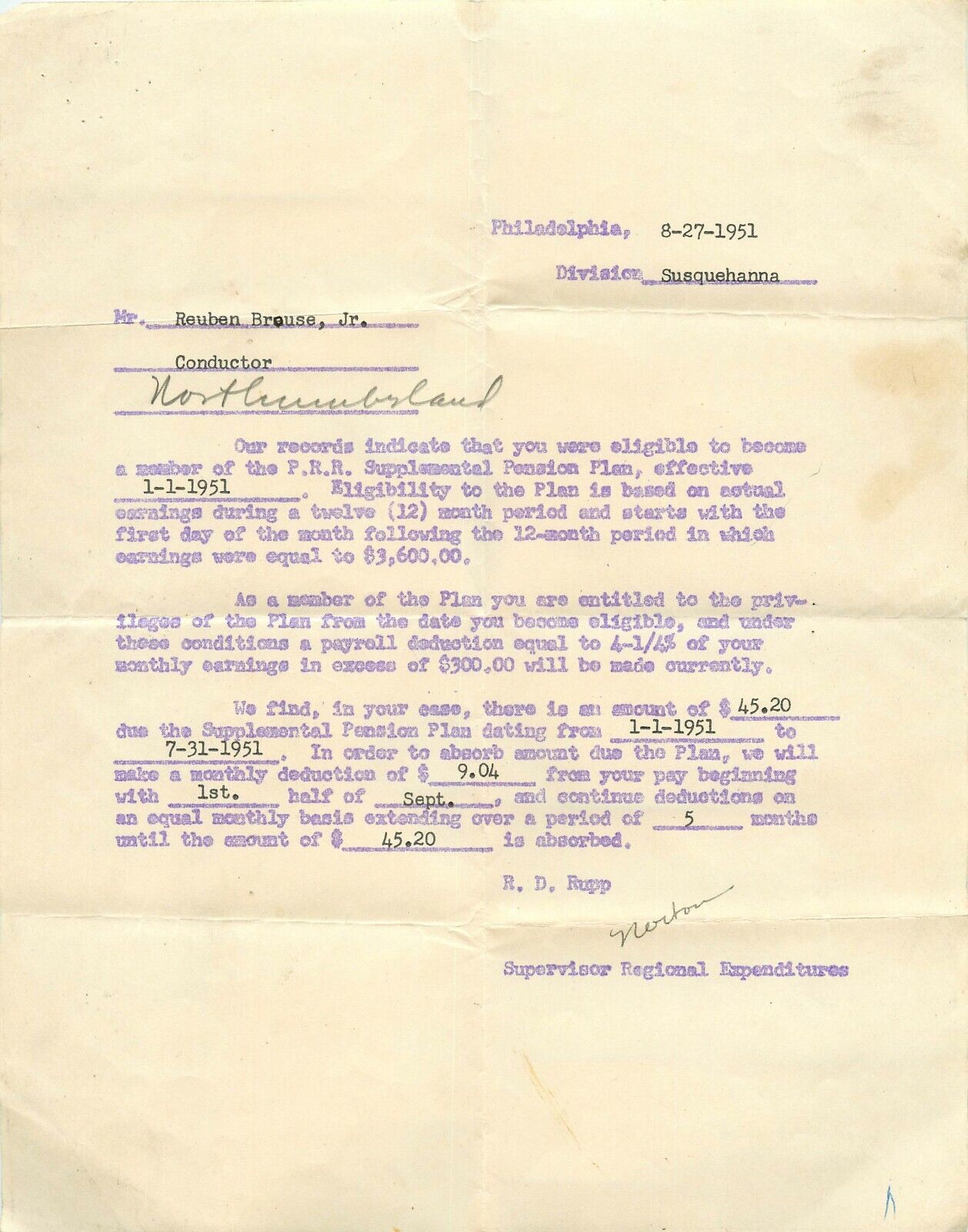 Vintage Susquehanna Pennsylvania PA Railroad Conductor 1951 Pension Letter