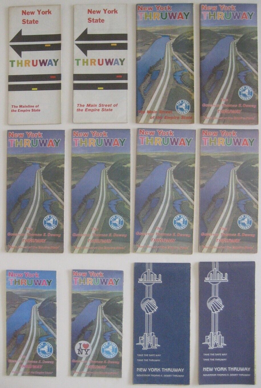 12 Official NEW YORK THRUWAY Road Maps 1959-1985 Service Areas Tolls Regulations