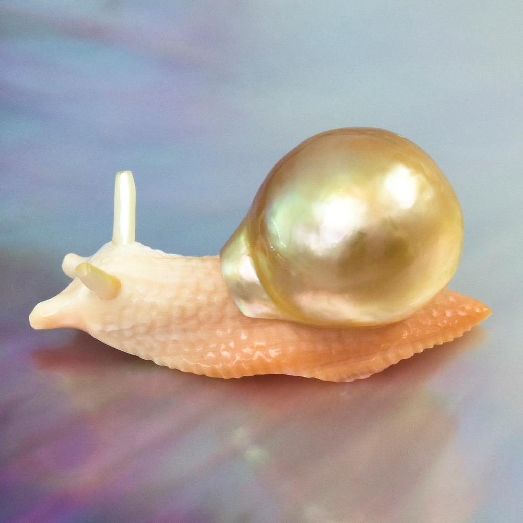 South Sea Baroque Pearl & Carved Apricot Syrix Trumpet Shell Snail Design 3.91 g