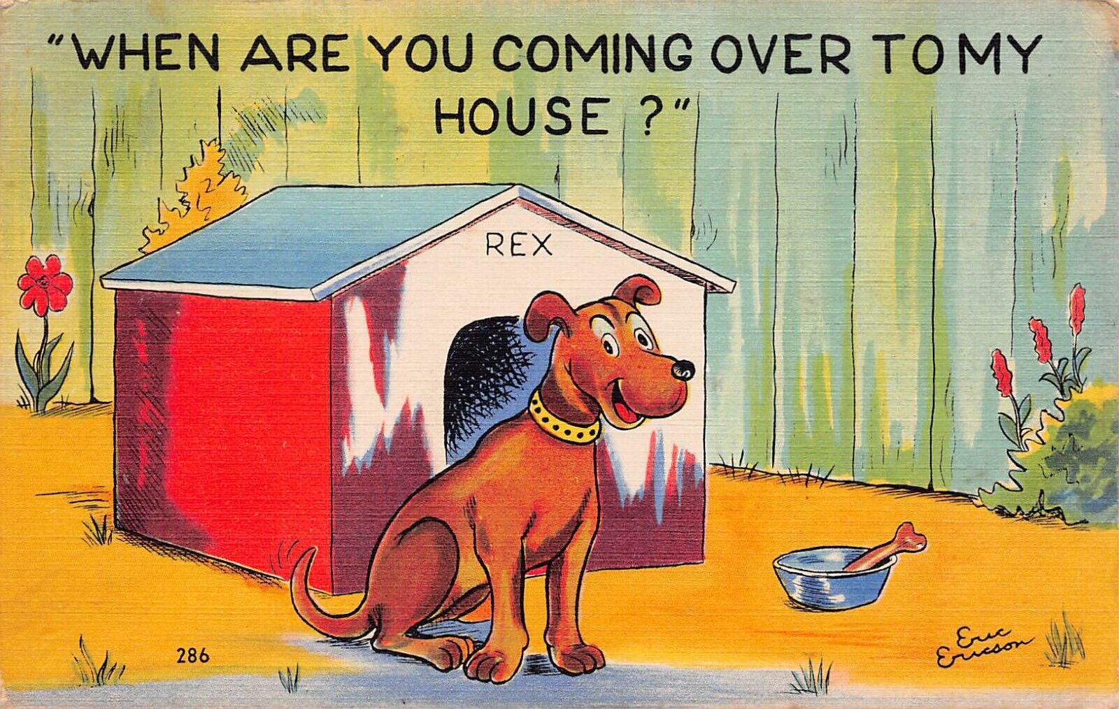 Eric Ericson Cartoon Drawing Puppy Dog Invitation Cute Vtg Postcard C64